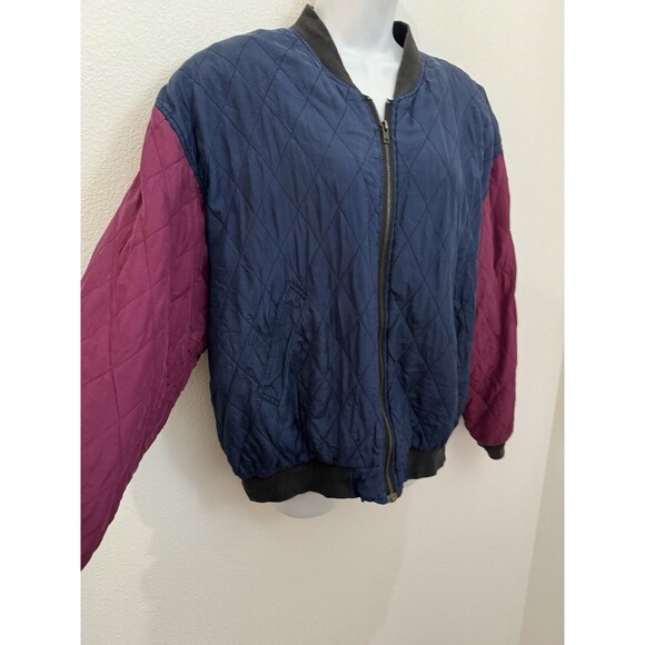 Bogari Vintage 100% Silk bomber jacket women Large Full Zip Purple Navy 80s 90s - Picture 2 of 6
